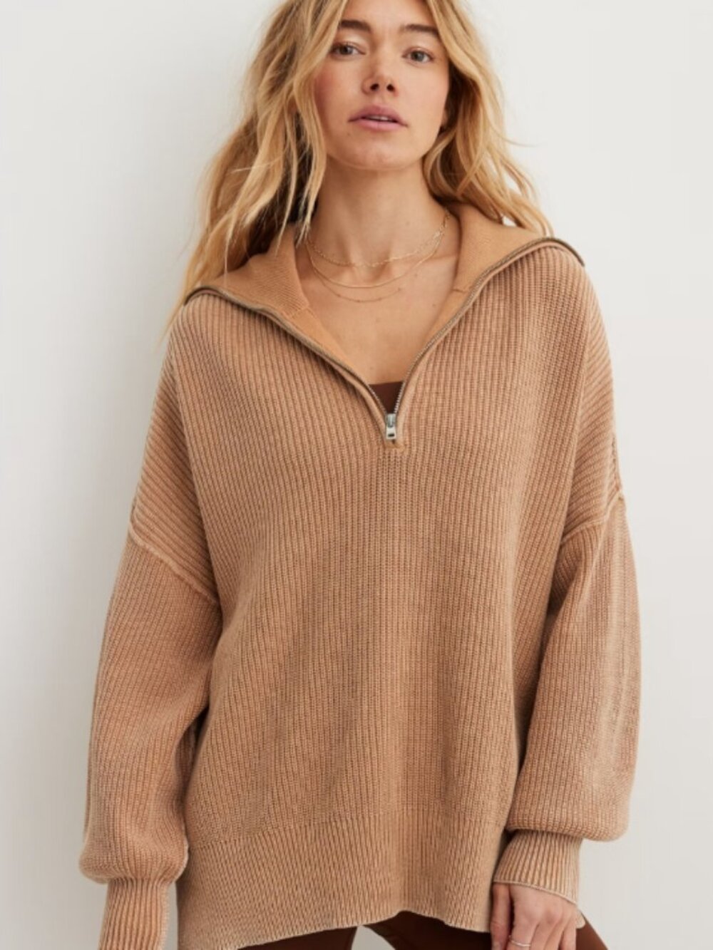 Aerie Oversized Beyond Ribbed Quarter Zip Pullover Sweater Tan Brown Cozy S